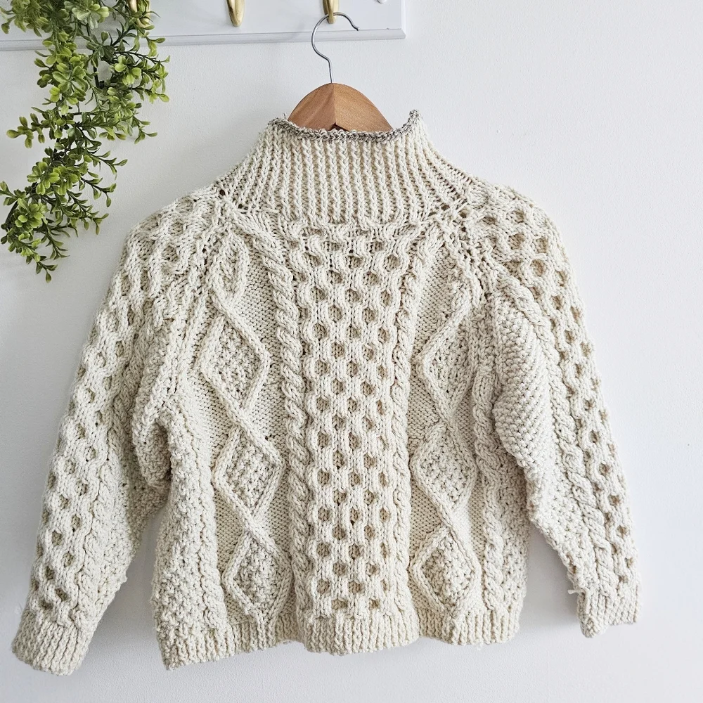 Vintage Hand Knit Cream Chunky Cardigan  Sweater Jacket Children Size Large